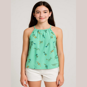 New RUMI + RYDER M (8-10) Green Floral Ruffle Criss Cross Back Tank Top